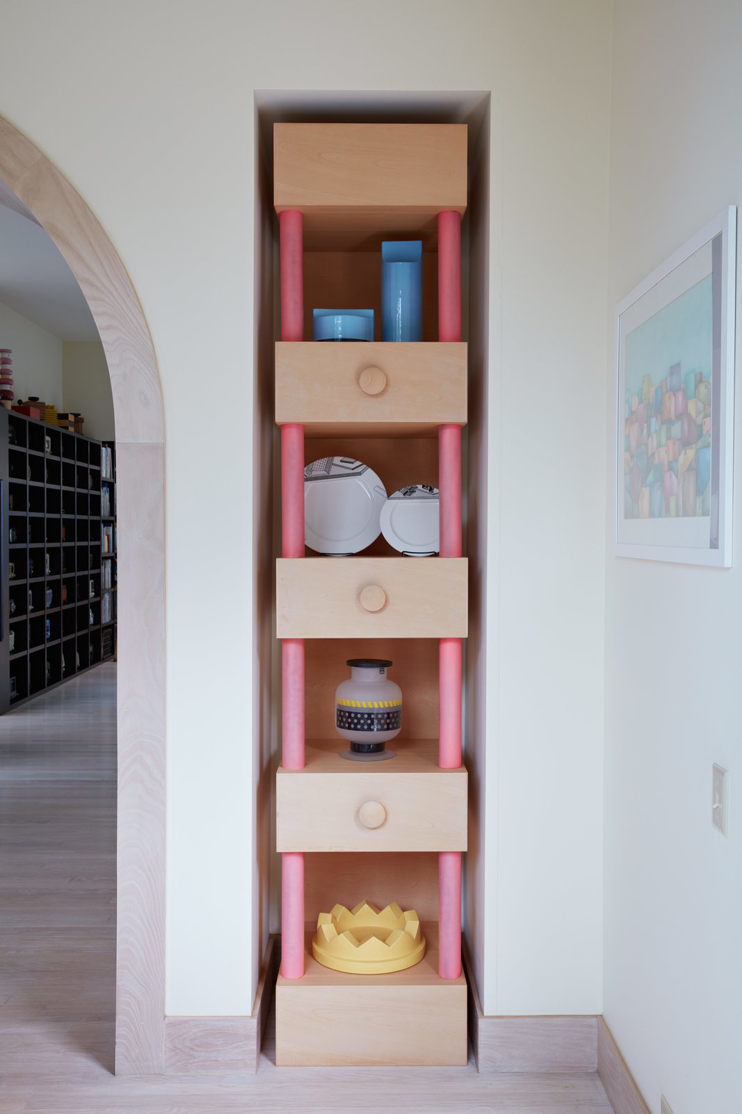 Storage Room and Shelves Storage Type A tall custom niche displays various tabletop items Sottsass designed for the brands Habitat, Memphis, Egizia, and Anthologie Quartett.