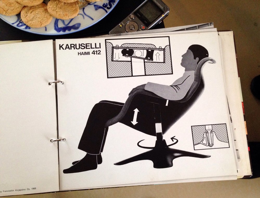 Kukkapuro collaborated with graphic artist Teemu Lipasti in the 1960s to design brochures demonstrating the ergonomic properties of his chairs, like the Karuselli.