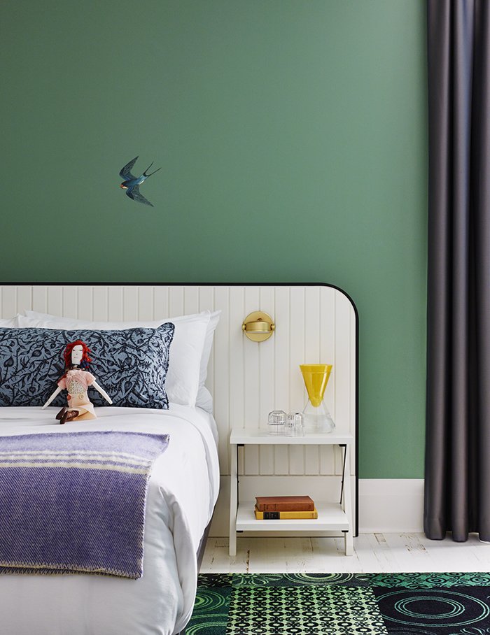 +tongtong custom designed the beds in the guestrooms; Multiflex fabricated them. The Monocle sconce from Rich Brilliant Willing offers light for nighttime reading.