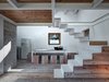 Modern home with Staircase and Metal Tread. The ground floor is comprised of a living room, kitchen, and bathroom that are all detailed with larch wood. In the kitchen, a retro Bompani refrigerator and freezer blend in with the minimal aesthetic. Photo of A Stunning Alpine Home with Sweeping Views and Custom Crafted Interior