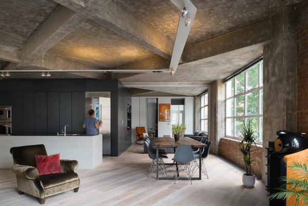 The renovation was designed to preserve and call attention to the angular pattern of the crisscrossing concrete ceiling beams. Photo by Jim Stephenson.