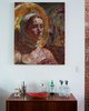 The moody painting by artist Victor Wang complements the exposed brick wall and the muted colors of the bar cabinet. Photo by Tara Donne. Photo of Modern Brooklyn Row House Renovation modern home
