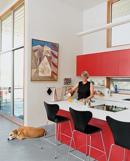 Ginge’s penchant for the bright red Varenna cabinets the couple splurged on is matched only by her love of animals; rescue pets are de rigueur around the house.