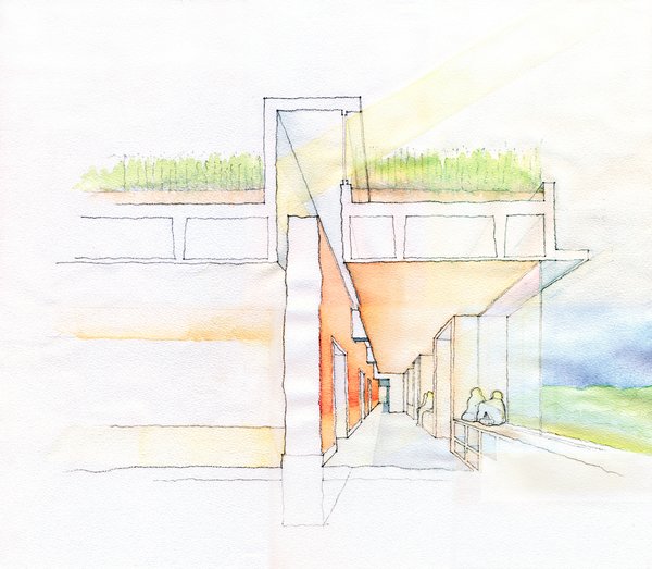 This section shows the living roof that will provide excellent insulation and curtail stormwater runoff. Large expanses of glass provide ample natural light to heat the centrally located rammed-earth wall.