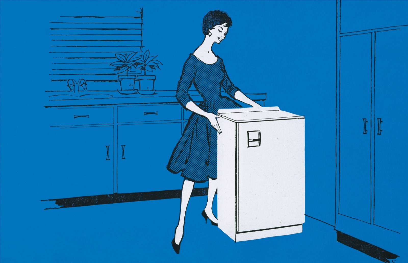 A 1950s illustrated advertisement for the Morphy Richards Astral refrigerator.
