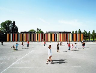 At nearly 80,000 square feet, the Oslo International School is one of Jarmund/Vigsnæs’s larger projects. Situated just outside Oslo, the school was recently renovated, with some 40,000 square feet of new construction. The colored panels suggest a sunny optimism, something the architects hoped to imbue in an educational context.