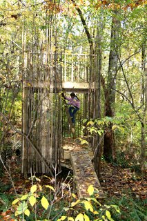 This 128-square-foot "tree house" outside Baltimore was designed by architects Laurie Stubb and her husband Peter. "The outdoors here are a big playground," she says. "We had always wanted to build something for the girls that looked natural." So, in the summer of 2008, they designed this structure both for the children and for themselves. "We wanted it to have a use after they're gone—a place we can sit in and read or have a drink and entertain company."