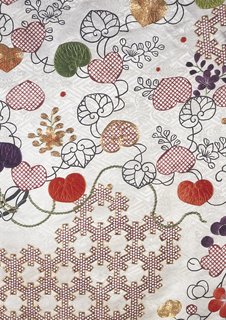 Kimono, monochrome figured satin silk with stenciled and embroidered decoration. Japan, 1750-1800 (V&A: FE.8-1987). From V&A Pattern Series II: Kimono published by V&A Publishing and Abrams Books.