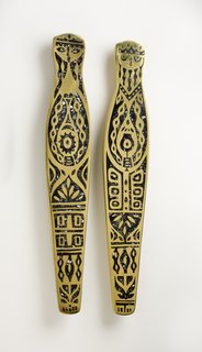 King and Queen Door Pulls, hand-cast brass with black mother-of-pearl inlay, Evelyn Ackerman, 1959.