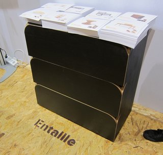 I was excited to learn about L'Edito, a newish company that uses crowd-funding to develop and produce furniture made of plywood. Designers submit their project online, web users invest money in the designs they like, and once enough money has been raised to produce it the investors get royalties on the sales. Here's a chest of drawers.