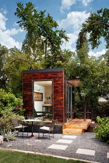 With little to no permitting required because of its small size, Sett Studio units can be used for an extra bedroom, a yoga studio, a hydroponics growing area or an office space, like this 96-square-foot one shown here. Most units feature charred wood siding, inspired by the Japanese shou-sugi-ban method, which comes in various stains, such as cherry. The blow-torching technique helps with resistance to insects, rot, water, mold and fire.