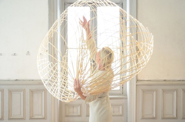 An expanding and contracting bamboo mesh by Dutch designer Maria Blaisse tests the resiliency of woven materials and the art of gesture in defining space and volume. Moving Meshes includes five spherical forms like this one as well as accompanying video to demonstrate improvisational interactions in the gallery's exhibition setting.