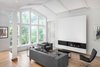 A wall-mounted fireplace is a dominant feature in the living room. Photo 6 of Prince-Philip Residence modern home