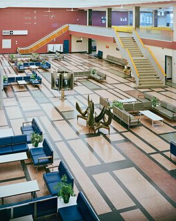 The international transit lounge at Gander International Airport in Gander, Newfoundland, and Labrador, Canada, has retained its midcentury, Mondrian-esque terrazzo floor. 