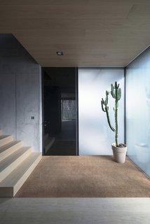 Wood, carpet, glass, and concrete: the entryway is a nexus of material and textures.