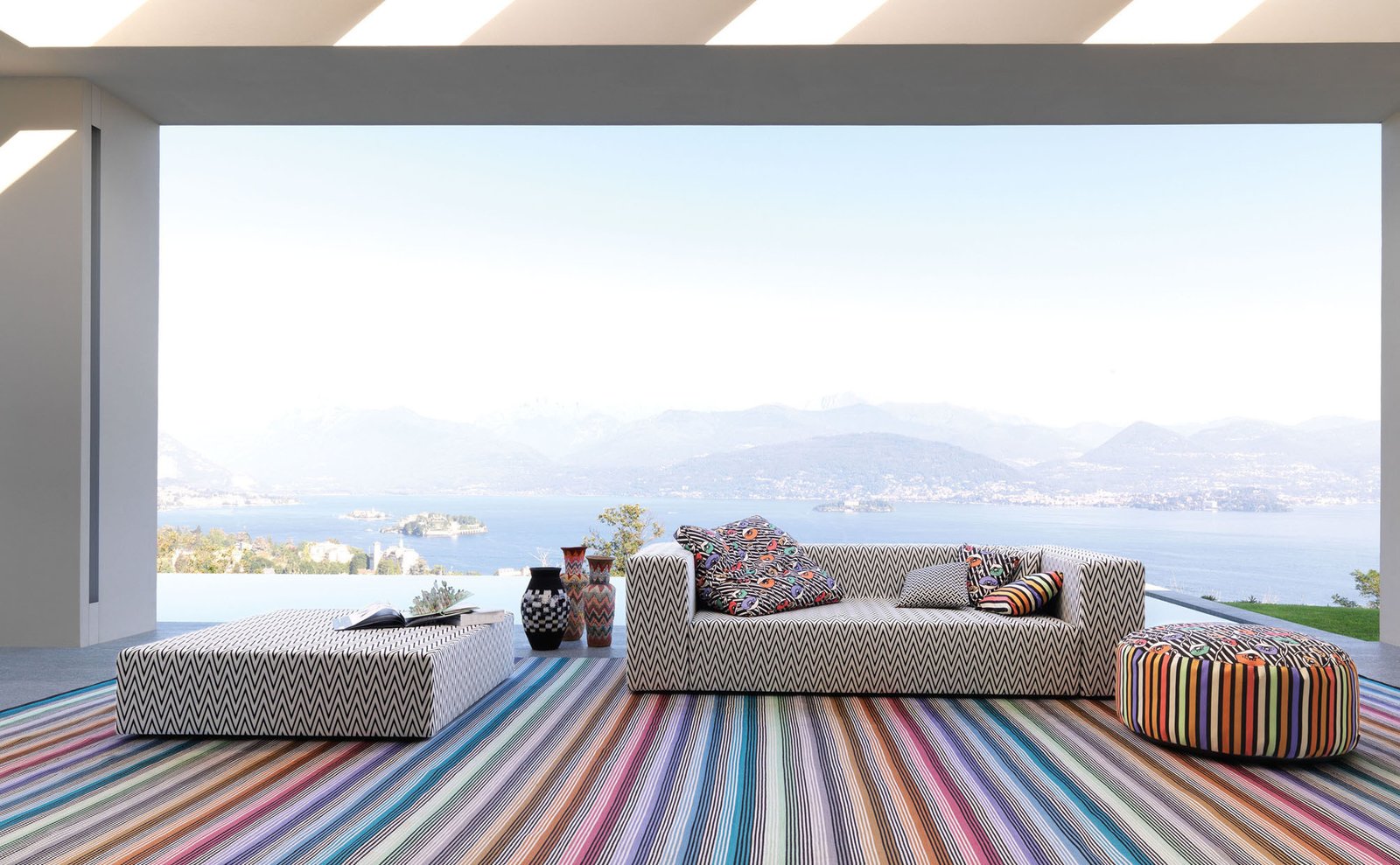The Nap seating collection in the white chevron Rivas print.