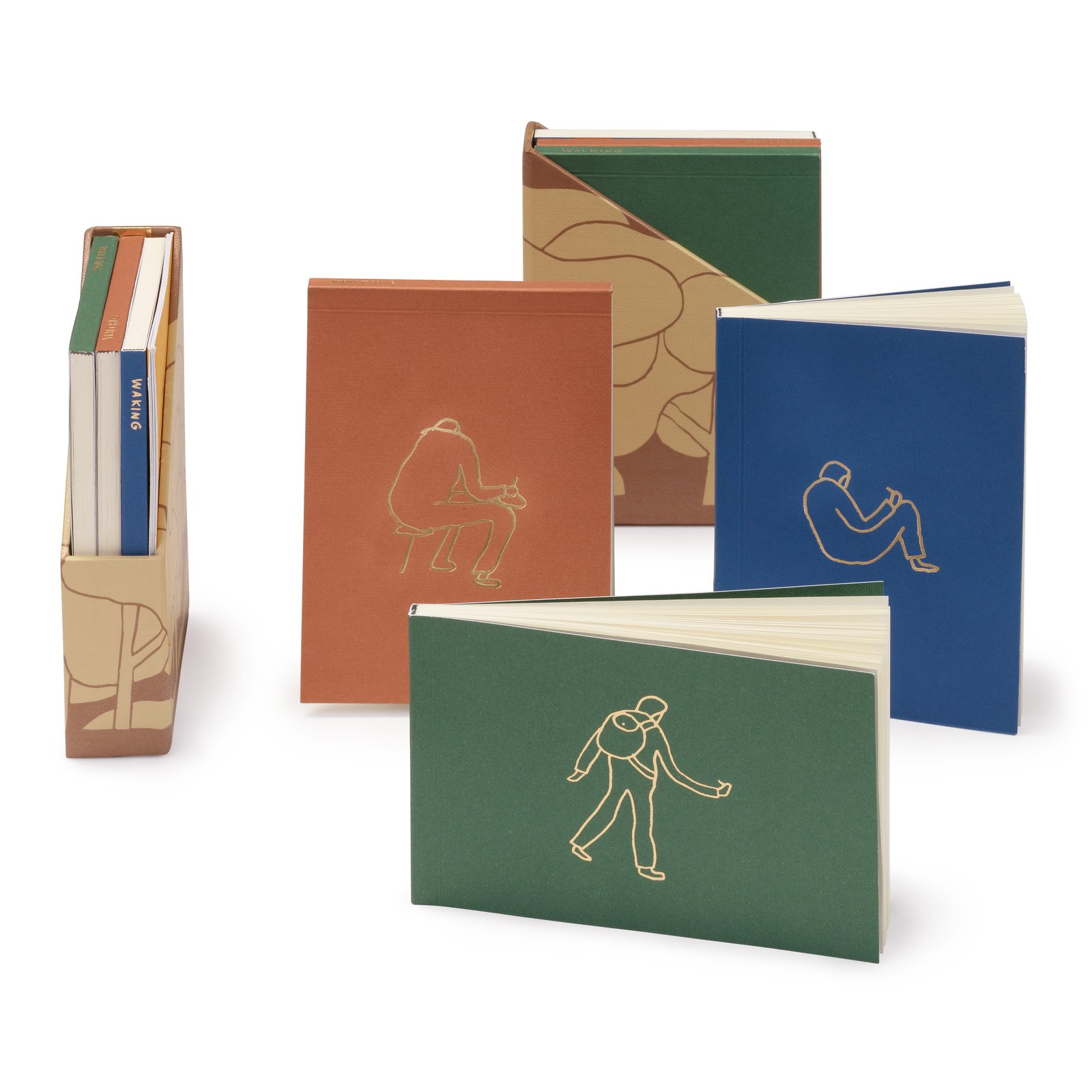 Artist and musician Nathaniel Russell posts drawings, photographs, and other musings on the mundane to his blog, Crooked Arm, and created a series of journals so that you can do the same.

Each of the three Waking Waiting Walking notebooks is bound differently to suit unique purposes, indicated by the whimsical characters embossed on their covers.