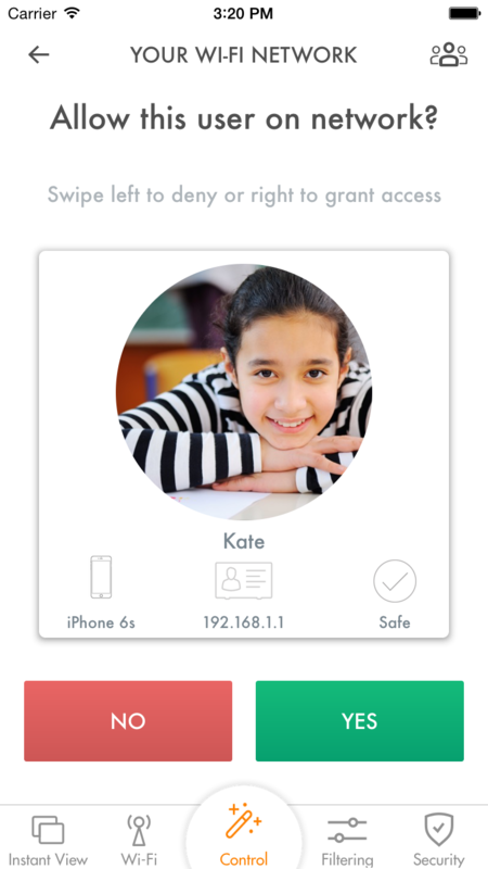 A simple swipe-left-or-right option on Luma's smart phone app—seen here—allows parents or residents to control who has access.