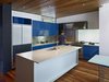 Modern home with Kitchen, Colorful Cabinet, Medium Hardwood Floor, Metal Backsplashe, Engineered Quartz Counter, Ceiling Lighting, Range, Refrigerator, and Undermount Sink. Accenting the warm wood tones, pops of cobalt blue are found throughout the home, including in the kitchen. The space, which anchors the new living wing, features custom lacquer finish cabinets, Caesarstone counters, a Bertazzoni range, a Miele dishwasher, a Kohler sink, and a custom stainless steel backsplash. Photo 4 of 1950s Ranch
