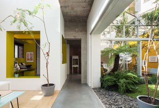 A combination of sliding doors, strategically placed voids, and large indoor plantings create fluid boundaries between indoors and out. The interior courtyard garden—landscaped with tropical plants and volcanic sand—is visually accessible from nearly every room, including the dining and kitchenarea.