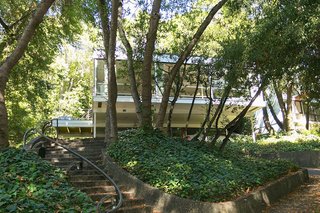 The home gracefully sits among the surrounding canopy of trees.