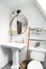 Modern home with Bath Room, Two Piece Toilet, Pedestal Sink, Wall Lighting, and Mosaic Tile Wall. The bathrooms feature Kohler Brockway sinks. Photo 6 of A-Frame Haus