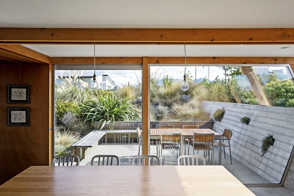 The courtyard’s board-formed concrete retaining wall extends indoors and has niches for growing herbs.