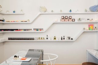 Similarly to Chillhouse (as pictured above), Cyndi gravitates toward open-shelving to store, organize, and display her various wellness accessories in her home. "I keep my beauty products on display via clear shelves," she notes.