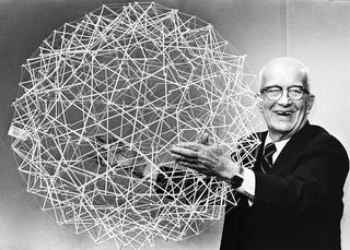 Buckminster Fuller holds up a Tensegrity sphere, 1979.