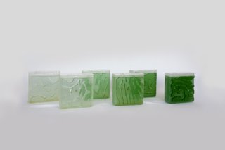 A seres of algae bioreactors show the superfood at various stages of growth.