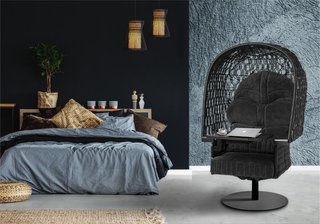 The Vader Easy Chair features a foldable swivel table and an open-weave canopy in a blend of business and pleasure. 
