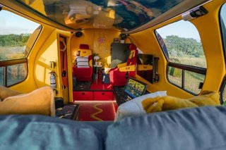 The ketchup and mustard interiors are a reminder that—yes—you are in a giant hot dog. 