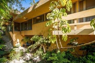 A lush oasis exists outside the residence, enclosed by thick bamboo plantings and shaded underneath the home's many overhangs.