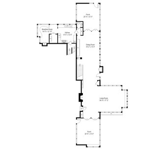 A floor plan of the first level. A largely horizontal layout extends on both sides of the two-story living room. Now enclosed, two porches flank either end of the home.