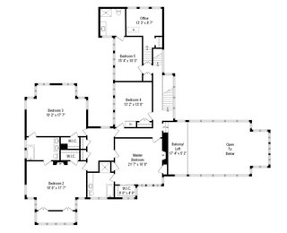 A floor plan of the second level. Five large bedrooms and three full bathrooms run throughout the space.