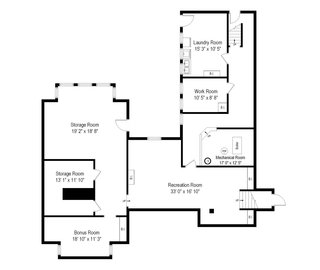 A floor plan of the basement. Additional storage and a large recreation room provide additional space within the home.
