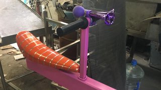 The seesaws are upbeat in color and are decked out like a bicycle—each end has an airhorn, a classic Schwinn Sting-Ray seat, and rubber grips.