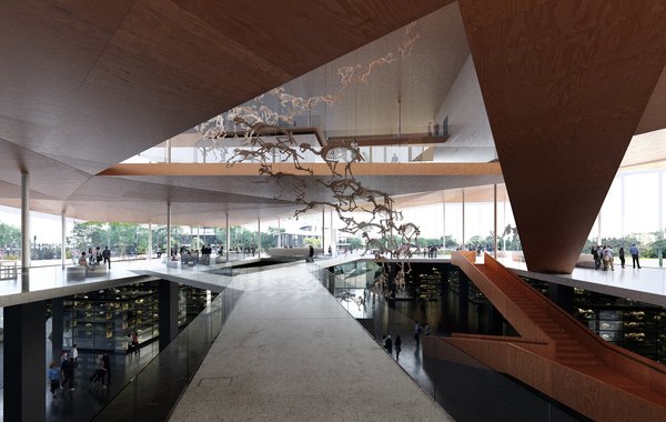 A rendering of the museum shows hanging skeletons of ice age-era animalia found on-site.