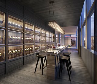 A wine tasting area offers temperature-controlled storage for dozens of bottles. 