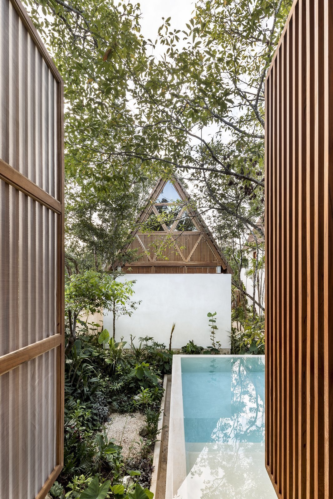 A single-story lodge view from the yoga pavilion.