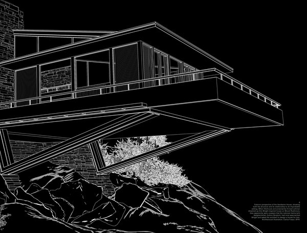 Ostensibly built into the side of Mount Rushmore, it’s hard to imagine a cooler, more creative villain’s lair than the jewel-box modernist home in which Phillip Vandamm plots and schemes in North by Northwest. Why there? One reason may be that Hitchcock and screenwriter Ernest Lehman had already settled on using the presidential peak as alocation for the movie’s climax (one of the original titles for the script was said to be The Man in Lincoln’s Nose) before figuring out quite why the characters would assemble there. So that’s where Vandamm’s hideout was established. In reality, though, this jaw-dropping home is simply an example of old-fashioned Hollywood movie magic. For obvious reasons, there is no such house on Mount Rushmore. In fact, there is no such house, period. The stunning,sleek horizontal lines of Vandamm’s getaway were inspired by and modeled after Frank Lloyd Wright’s work, and Fallingwater in Pennsylvania was particularly influential. This impossibly sophisticated lair seems hewn right out of the face of the mountain—a seamless extension of its natural surroundings. With its limestone exterior and timber accents, not to mention its expansive glass windows, the swank structure is supported by a concrete cantilever and steelbeams. It looks like the high-altitude nest of a very wealthy bird of prey.