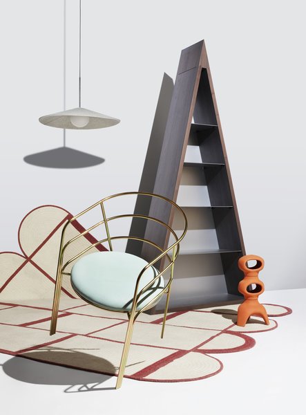 Products featured clockwise from top left: Bola Felt Lamp, Pablo Designs, San Francisco; Providence from Primary Objects, Henrybuilt, Seattle; 22L Totem Lantern by Malcolm Leland, Architectural Pottery, Escondido, California; DeMille Dining Chair, LAUN, Los Angeles; Quilt Rug, Grain Design, Bainbridge Island, Washington.