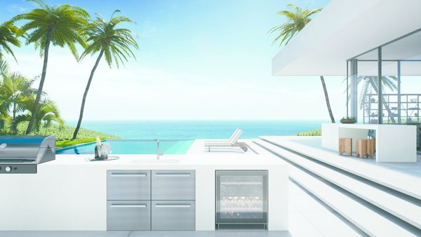 Caesarstone Outdoor. Quartz has a fabulous reputation in kitchens and baths, due to its low-maintenance, high-durability properties, but it's typically discouraged for outdoor applications as prolonged UV exposure can discolor the material. Caesarstone's new Outdoor line combats this issue, rendering the material suitable for exposed outdoor kitchens as well as patio and rooftop elements. There are three colors available now: Midday 405, a white concrete look; Palm Shade 515, white with subtle veining; and Clearskies 406, a pale gray concrete.