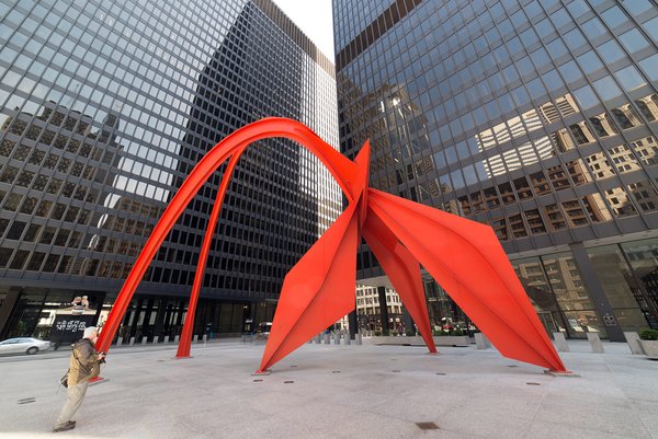 Chicago’s Federal Center Plaza is home to Alexander Calder’s Flamingo sculpture and the Kluczynski Federal Building, designed by Ludwig Mies van der Rohe.