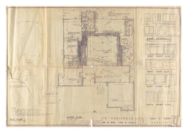 The original 1958 floor and plot plans of the Chase Residence convey the elevations and layout of the home. The design was a bizarre one for the 1950s— so much so that Chase’s wife, Drucie, was in tears when she first saw the home under construction.