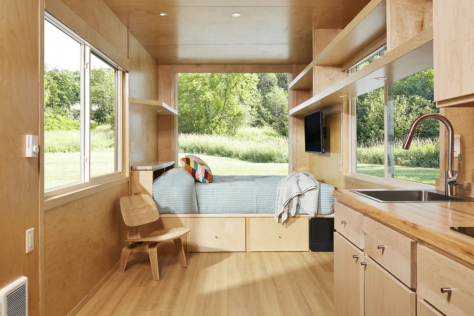 With sustainability top of mind, Dobrowolski and his team devised eESCAPE, a new line of all-electric tiny homes on wheels that can be powered with a standard wall socket, a solar setup, or an electric truck or car. The line’s three models include the eOne, the eVista, and the eVistaXL, which start at $43,600 and range in size from 200 to 350 square feet of living space.