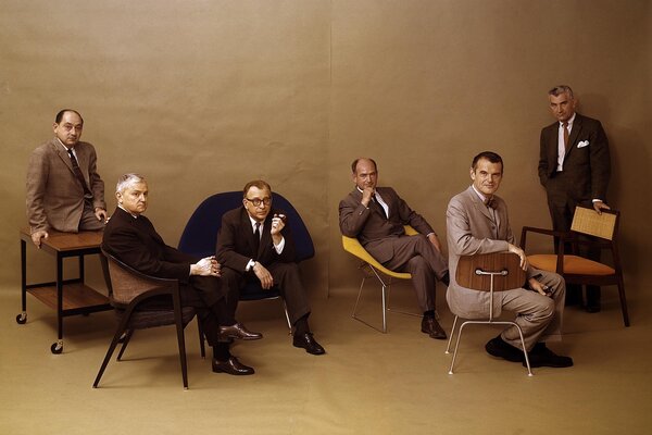 <i>Playboy</i>’s July 1961 issue included a multipage spread featuring rising modernist designers George Nelson, Edward Wormley, Eero Saarinen, Harry Bertoia, Charles Eames, and Jens Risom (from left) with their groundbreaking creations.