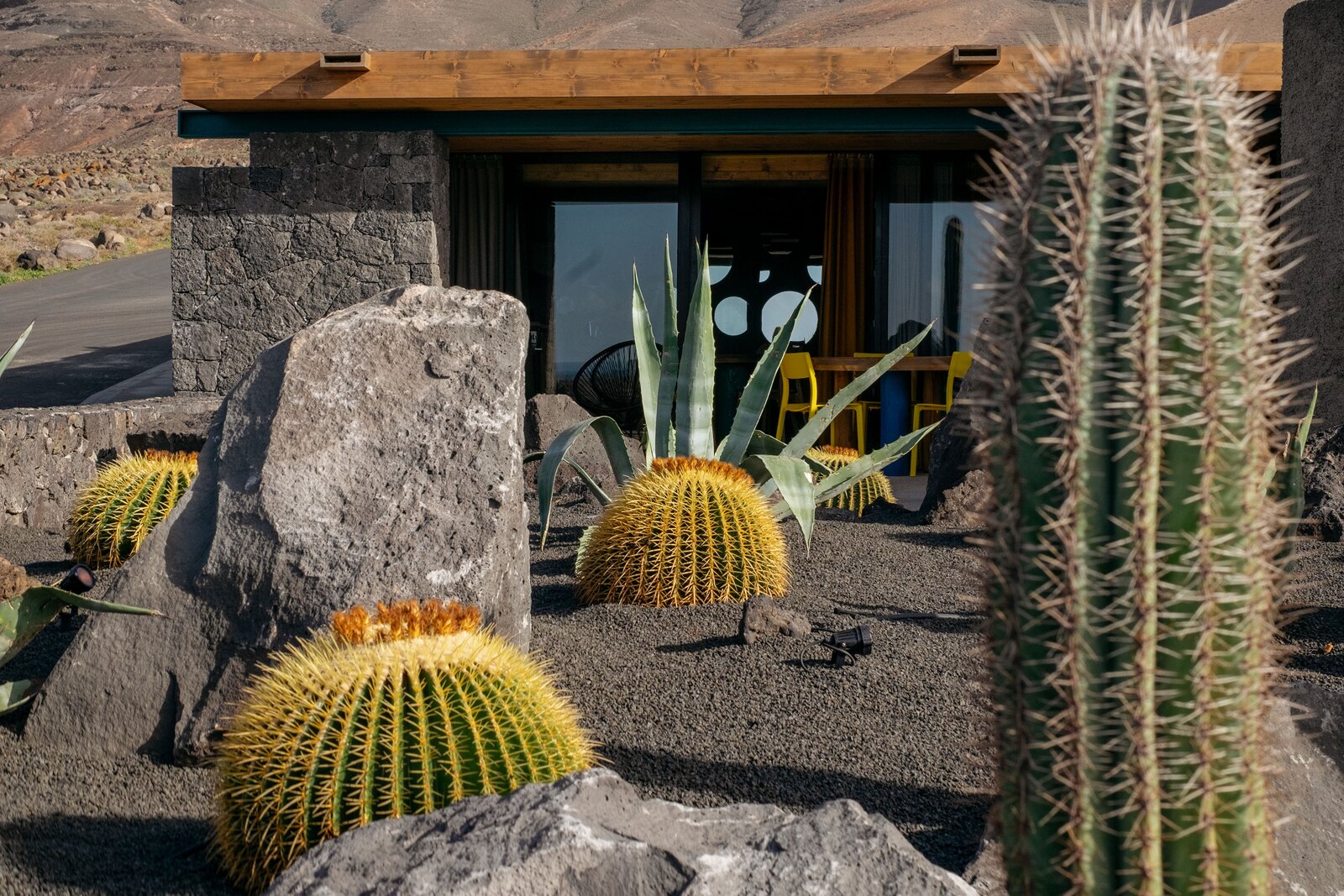 Through the windows, you can see leaf green, sea blue, and the orange tones of the landscape, which Manrique referenced in his work.