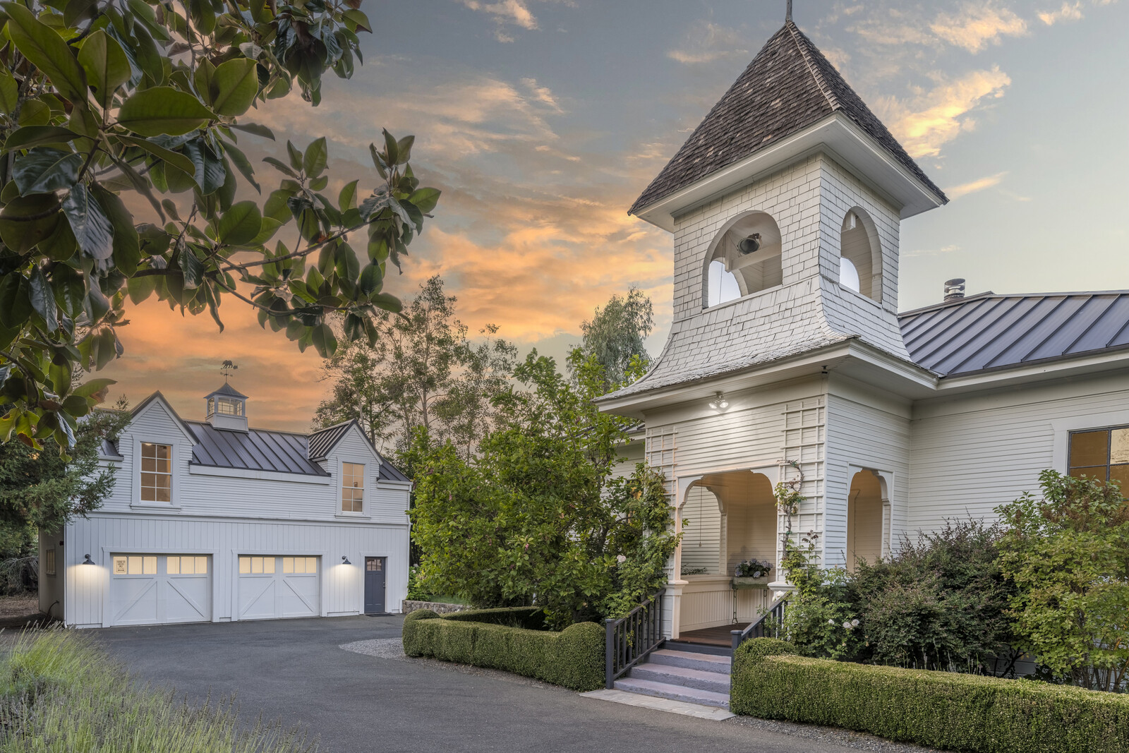 A long private driveway leads to the converted property, complete with a two-car garage.