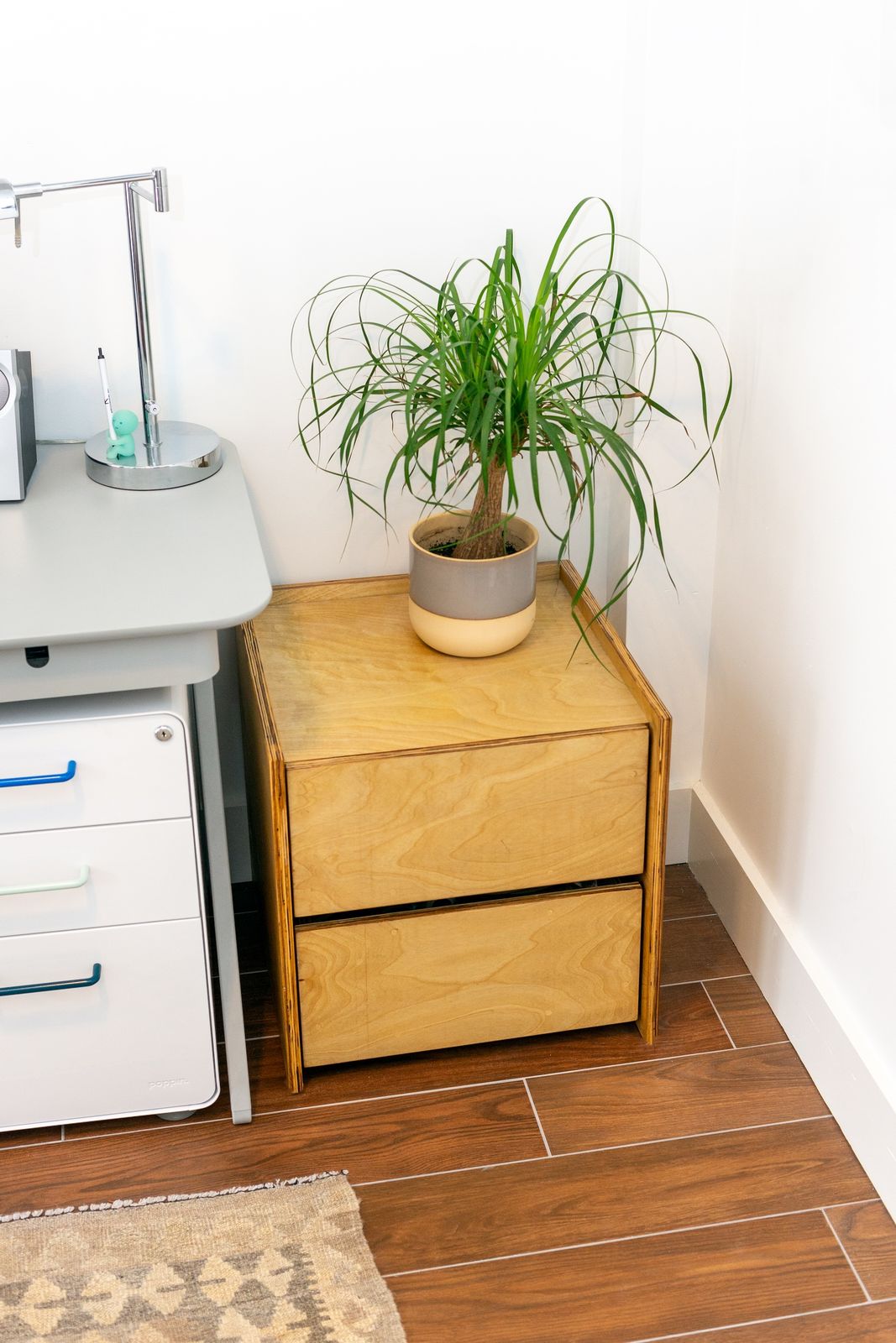Friedman’s first custom piece was a set of drawers she used as a nightstand in her previous apartment. Now it serves as extra storage in the office. It’s made from birch plywood and was a birthday gift from her mother who fabricated it.